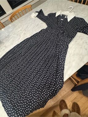 Zara Navy Blue Polka Dot Midi Dress with White Collar